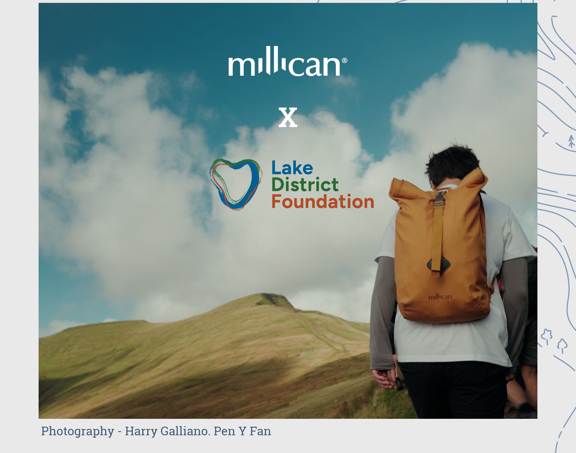 Millican logo alongside the Lake District Foundation logo with a person hiking and wearing a yellow Millican bag