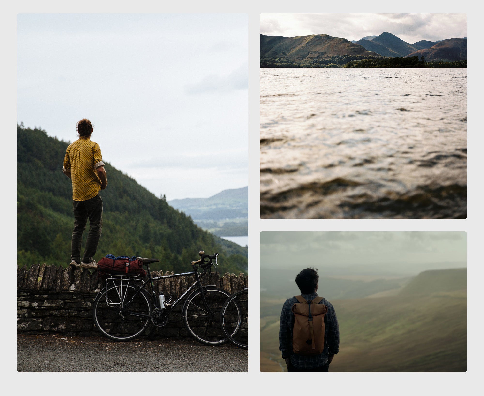 Three images: a person standing on a stone wall with bicycles overlooking a valley, a close-up of a lake, and a person with a yellow Millican bag overlooking hills