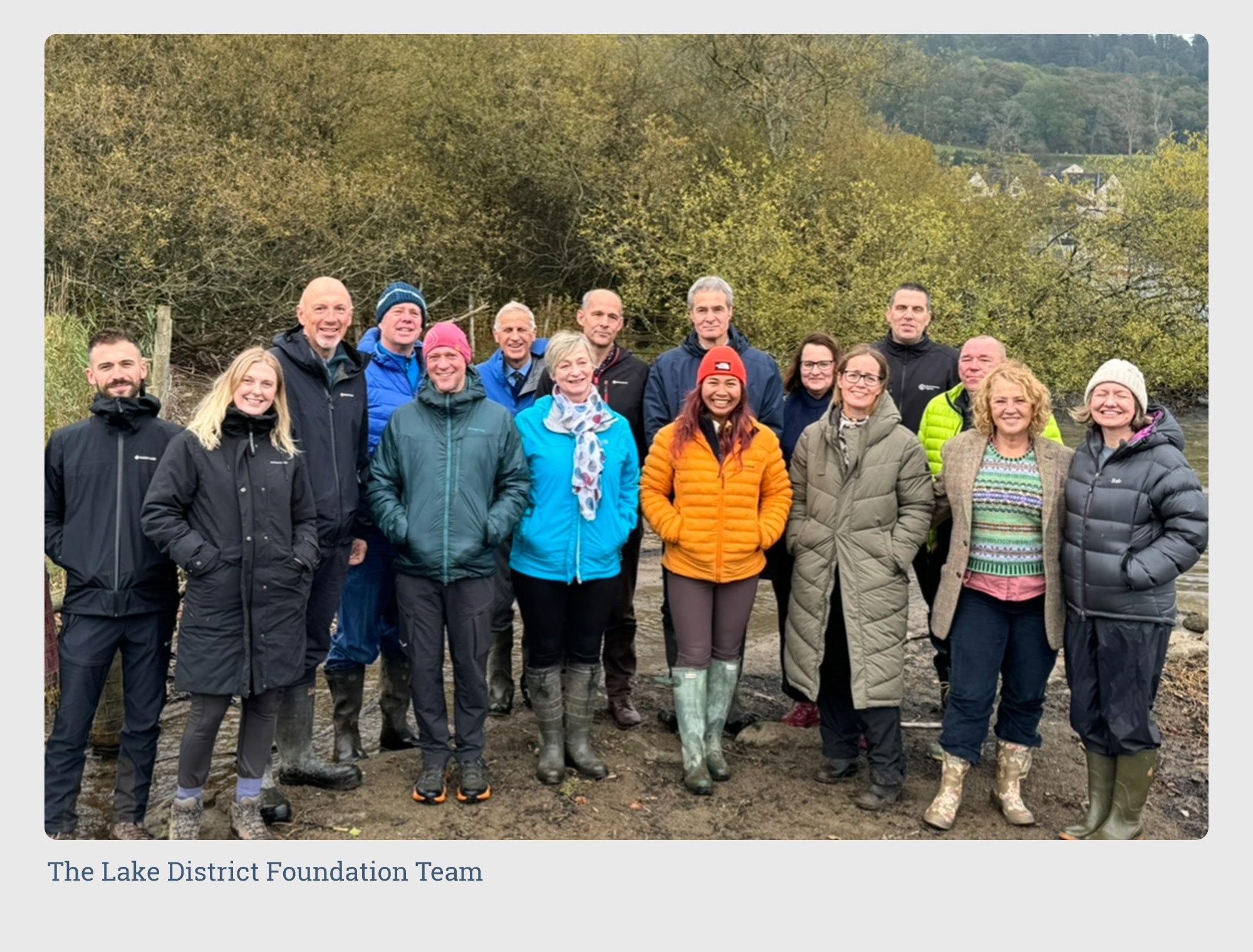 Group photo of the Lake District Foundation team outdoors in coats and boots