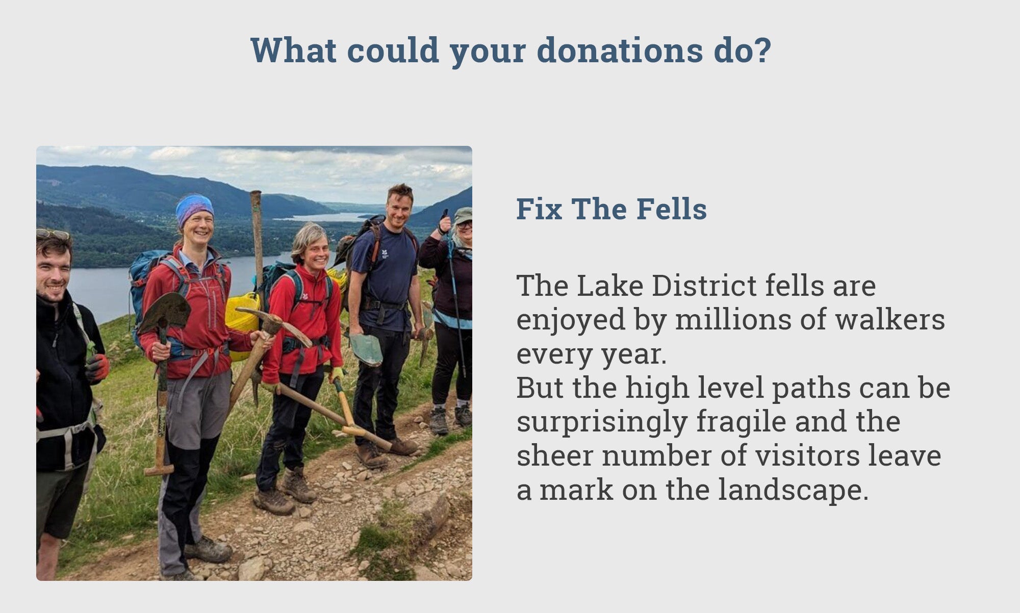 What could your donations do? Fix The Fells. 'The Lake District fells are enjoyed by millions of walkers every year. But the high-level paths can be surprisingly fragile, and the sheer number of visitors leaves a mark on the landscape